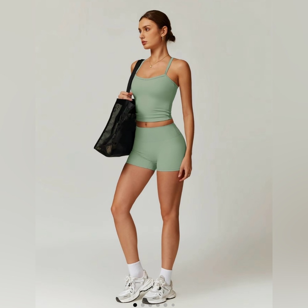 Viral Green Workout Set including Padded Bra Tank and shorts